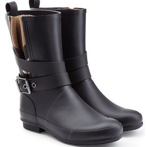 (1547) Burberry Black Mid Calf Buckle Rubber Rain Boots Women’s Size 9.5